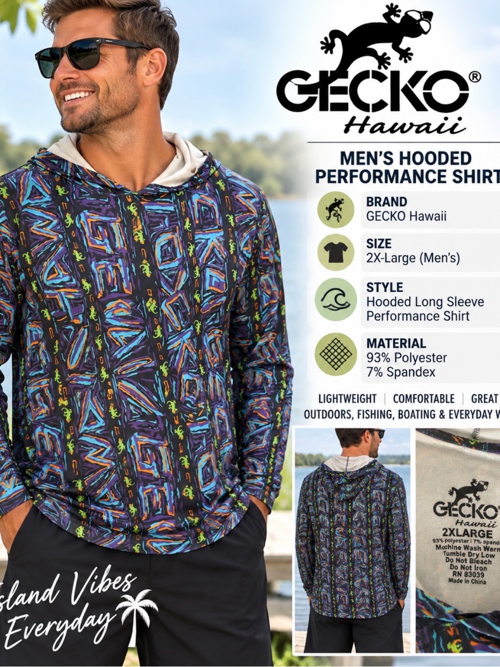 GECKO Hawaii Men's Hooded Performance Shirt - Multicolor Abstract Print 2XL